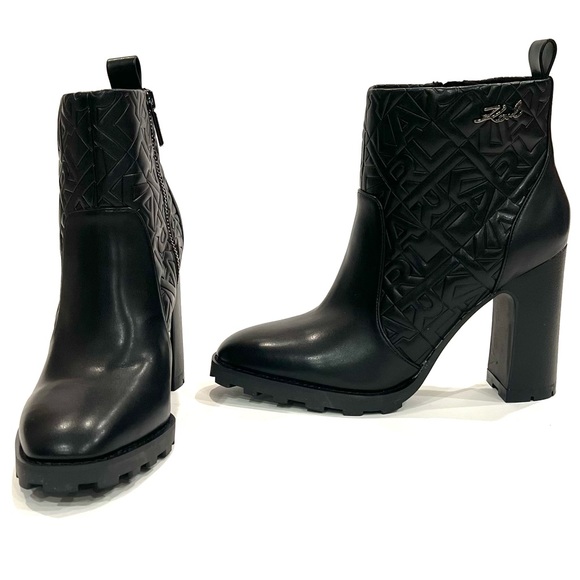 Karl Lagerfeld Black Patria Logo Embossed Lug Heel Bootie Ankle Boots 10 NEW - Picture 7 of 13